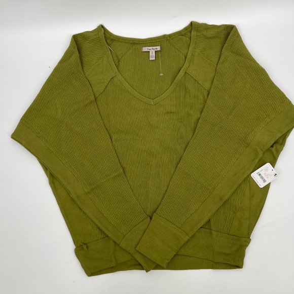 Free People Women's Santa Clara V-Neck Pullover Thermal Top Green Small NWT - Picture 4 of 6